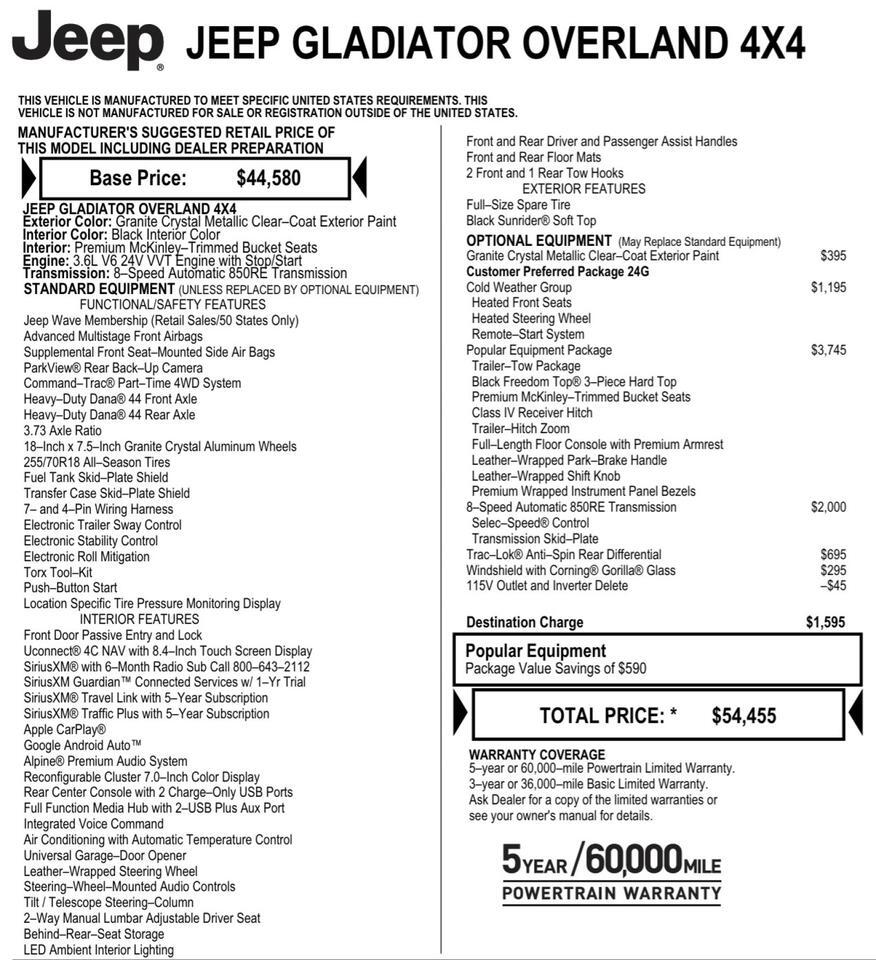 2022 Jeep Gladiator Overland 4X4 / Popular Equipment Package / Leather Seats! Lincolnton NC