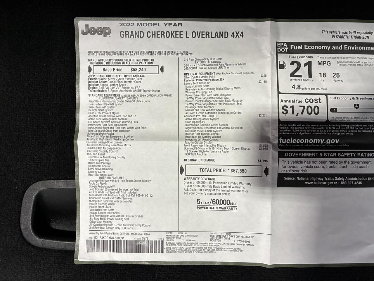 2022 Jeep Grand Cherokee L Overland, 4x4, Buckets, Luxury Tech Group IV, Advanced ProTech G Houston TX
