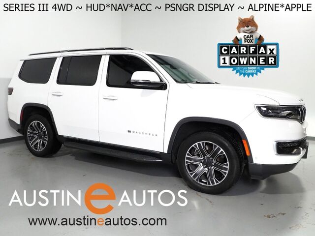 2022 Jeep Wagoneer Series III 4WD *HEADS-UP DISPLAY, NAVIGATION, ADAPTIVE CRUISE, SAFETY ALERTS, BACKUP-CAMERA, PSNGR DISPLAY, LEATHER, CLIMATE SEATS, HEATED STEERING, 2ND ROW CAPTAIN'S, WIRELESS CHARGING, ALPINE AUDIO Round Rock TX