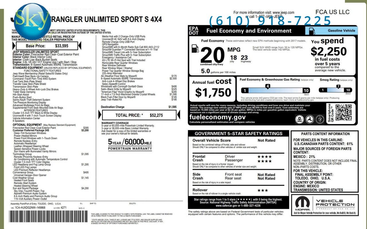 2022 Jeep Wrangler 4WD Unlimited Sport S SKY ONE-TOUCH POWER TOP West Chester PA