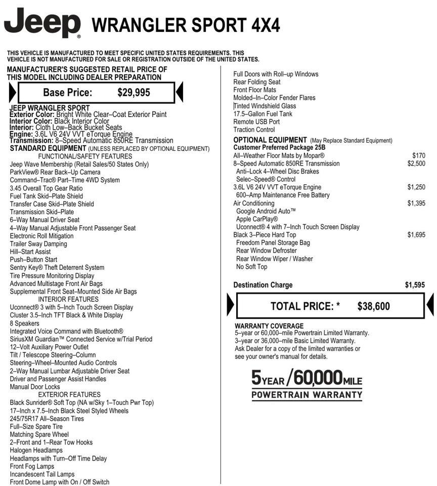 2022 Jeep Wrangler Sport 4X4 / Hard Top / Wheels & Tires Upgrade / 3.6L V6! Lincolnton NC