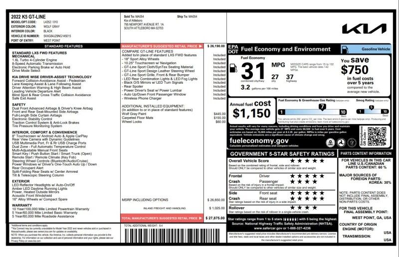 2022 Kia K5 GT-Line Webster MA