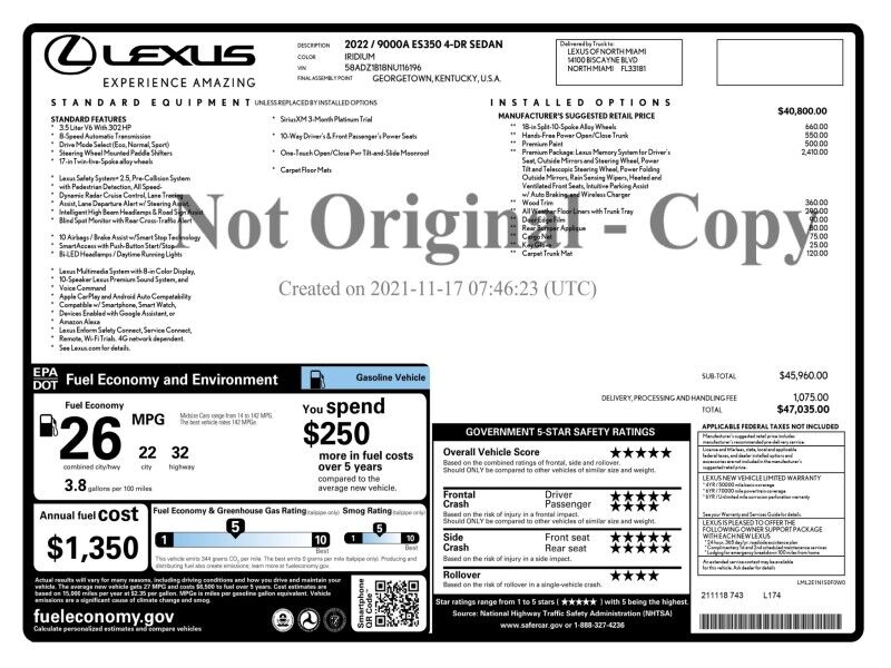 2022 Lexus ES 350 FWD Arlington VA