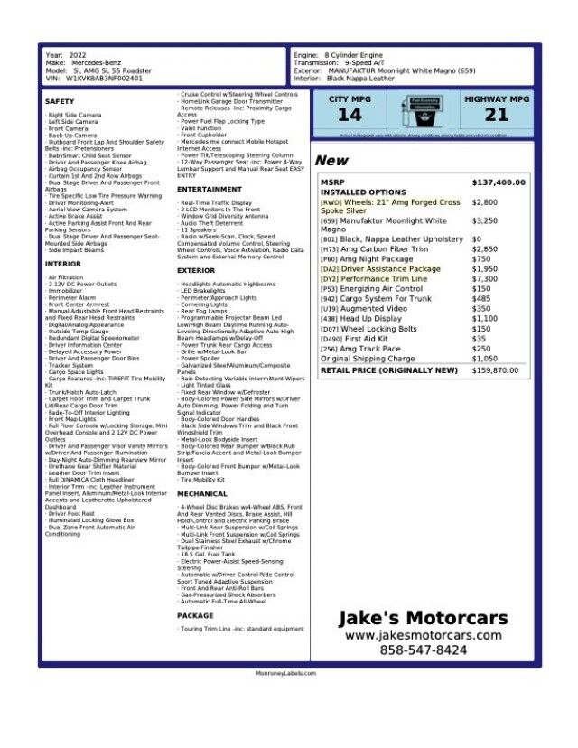 2022 Mercedes-Benz SL AMG SL55 ($159,870 MSRP!!) *FACTORY MATTE WHITE* *BIG OPTION LIST* *7900 MILES* San Diego CA