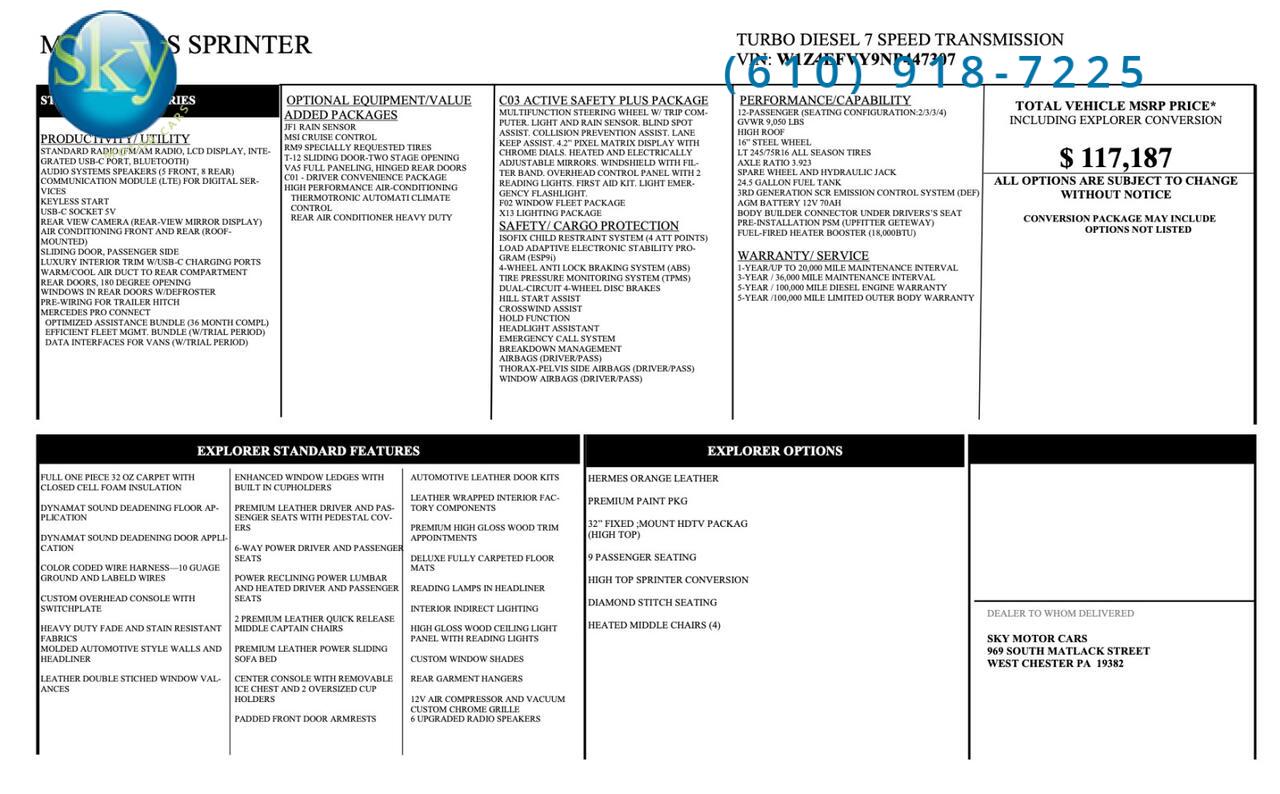 2022 Mercedes-Benz Sprinter Passenger Van 4WD EXPLORER VANS CONVERSION LIMITED SE West Chester PA