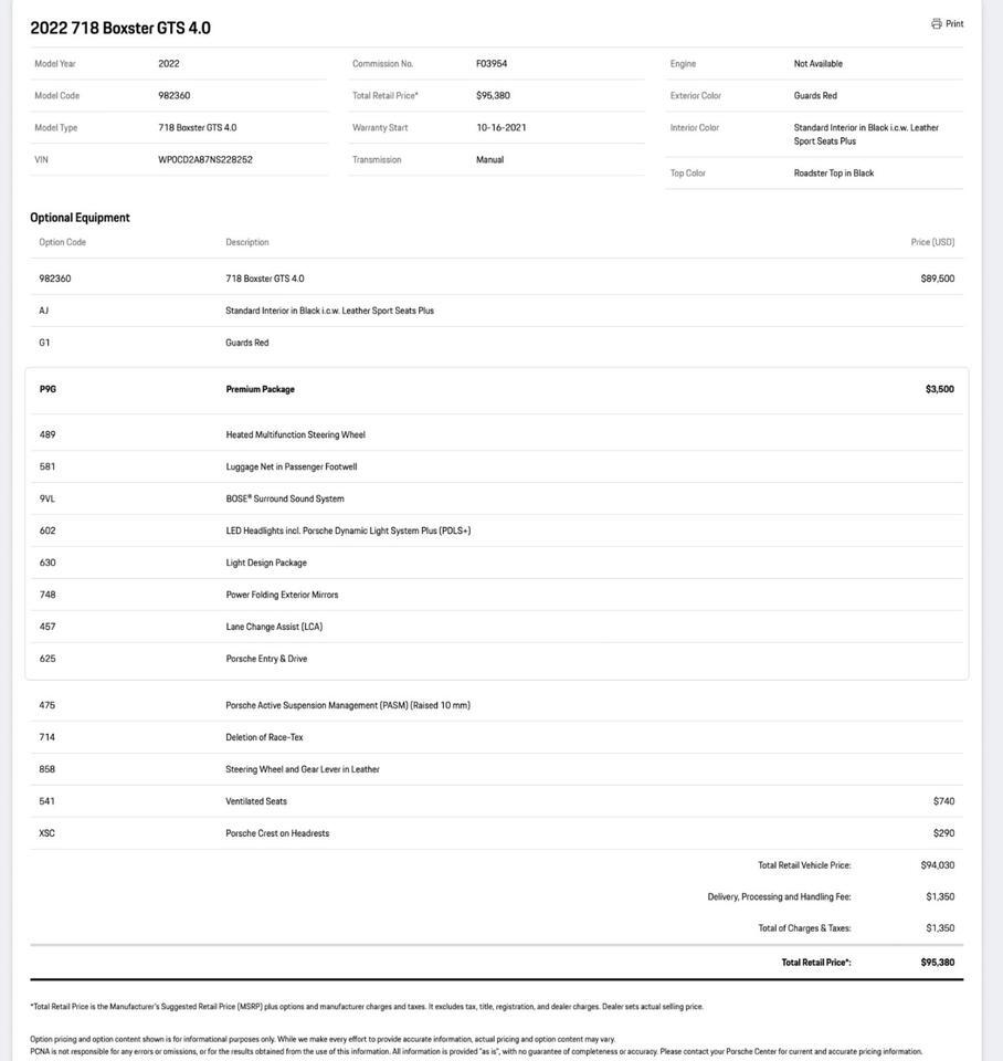 2022 Porsche 718 Boxster GTS 4.0 Pompano Beach FL
