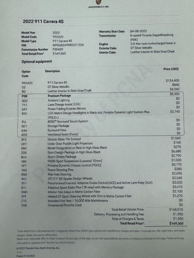 2022 Porsche 911 Carrera 4S Coupe ($169,360 MSRP!!) *$45,000 IN FACTORY OPTIONS* *MASSIVE OPTION LIST* San Diego CA