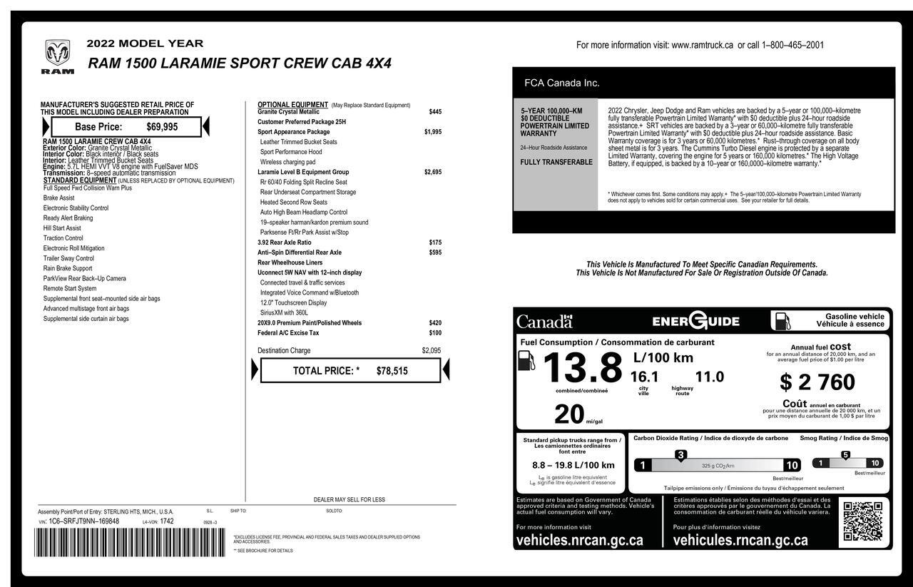 2022 Ram 1500 4x4 Crew Cab Laramie Sport Leather Nav BCam Red Deer AB