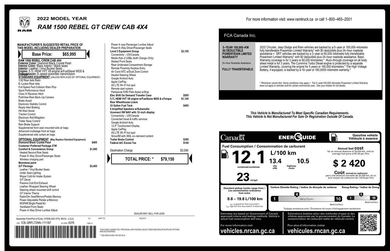 2022 Ram 1500 4x4 Crew Cab Rebel GT Leather Nav BCam Red Deer AB