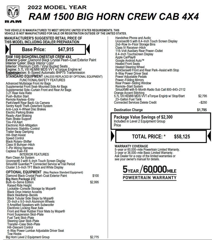 2022 Ram 1500 Big Horn 4X4 / Built To Serve Edition / Level 2 Equipment! Lincolnton NC
