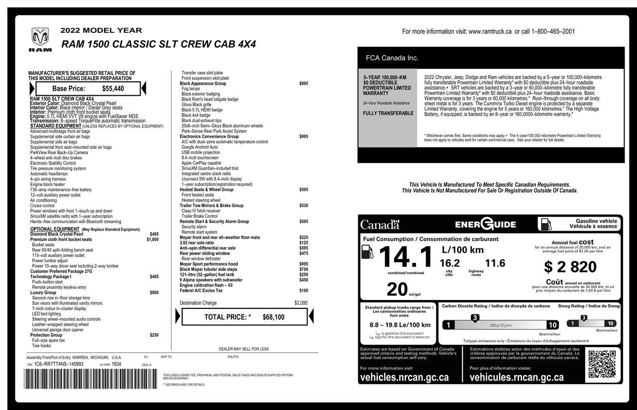 2022 Ram 1500 Classic 4x4 Crew Cab SLT Nav BCam Red Deer AB