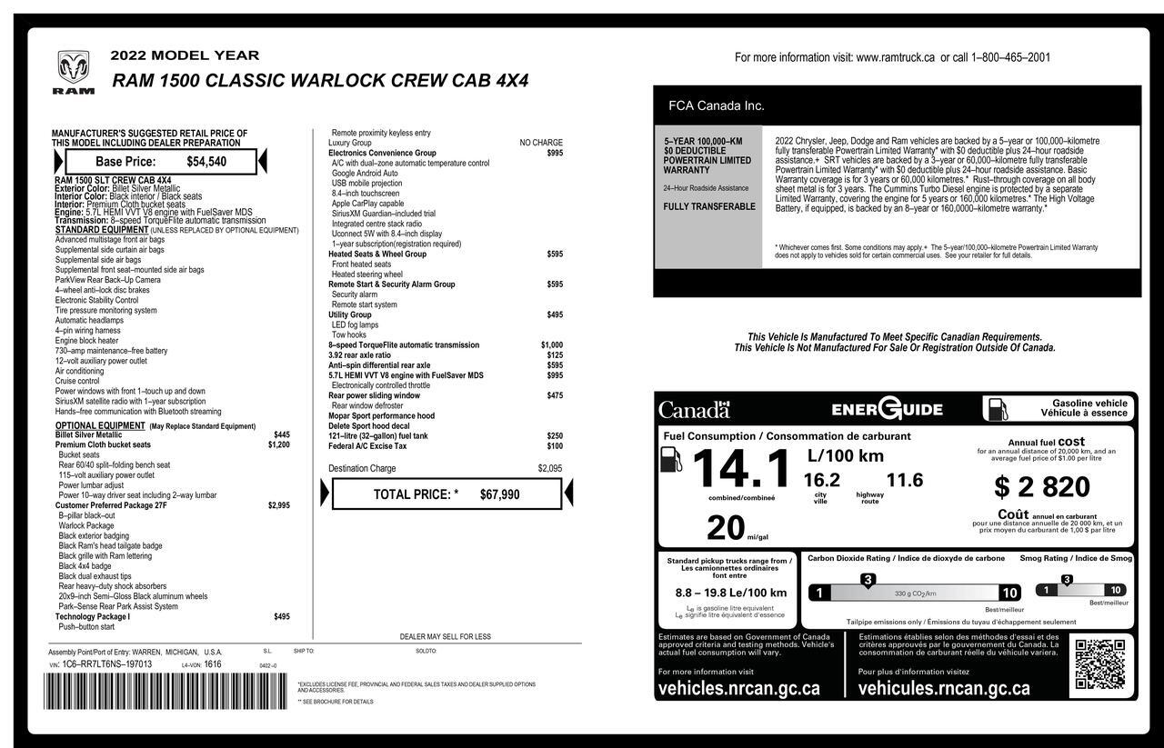 2022 Ram 1500 Classic 4x4 Crew Cab Warlock PSeat BCam Red Deer AB