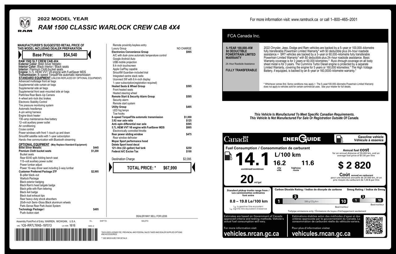 2022 Ram 1500 Classic 4x4 Crew Cab Warlock PSeat BCam Red Deer AB