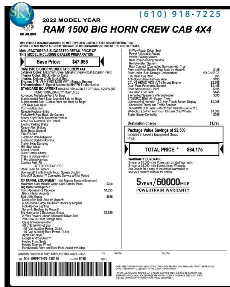 2022 Ram 1500 Crew Cab 4WD Big Horn ROCKY RIDGE K2 $84,116 MSRP West Chester PA