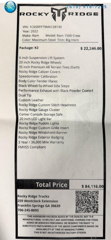 2022 Ram 1500 Crew Cab 4WD Big Horn ROCKY RIDGE K2 $84,116 MSRP West Chester PA