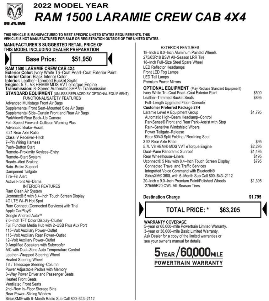 2022 Ram 1500 Laramie 4X4 / Level A Equipment / Smartcap! Lincolnton NC