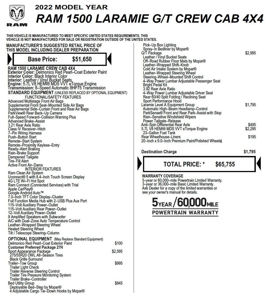 2022 Ram 1500 Laramie G/T 4X4 / Level A Equipment / 5.7 V8 HEMI! High Point NC