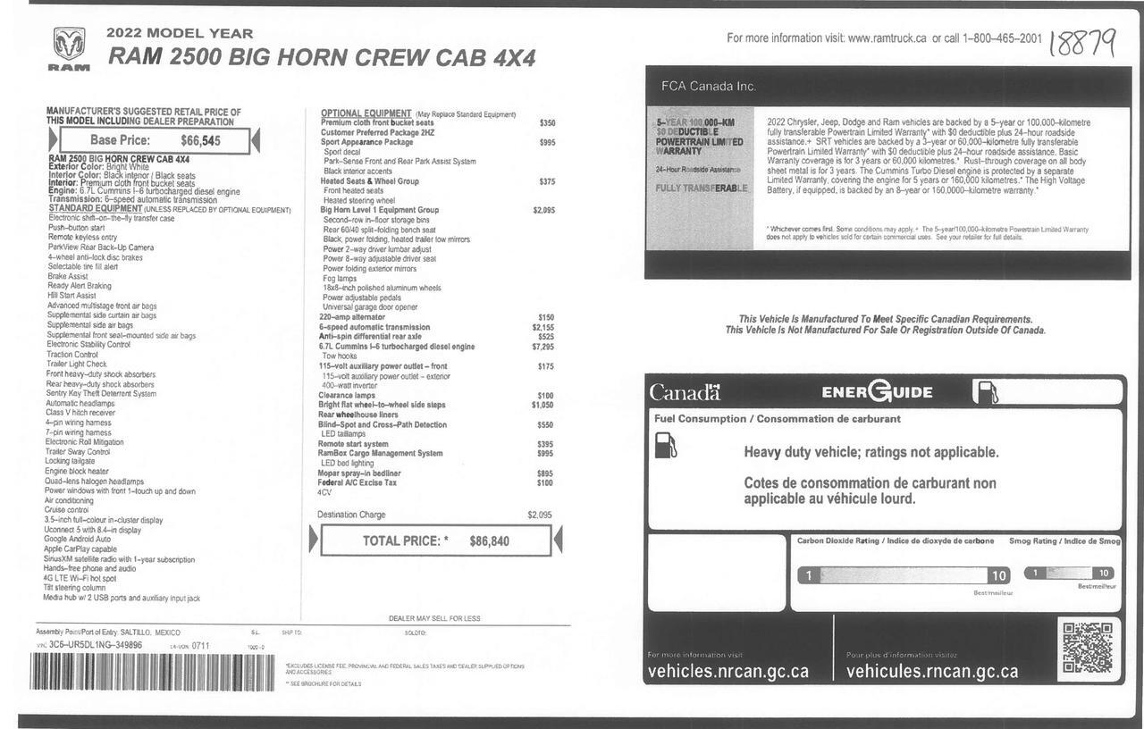 2022 Ram 2500 4x4 Crew Cab Big Horn Sport Diesel RamBox Red Deer AB