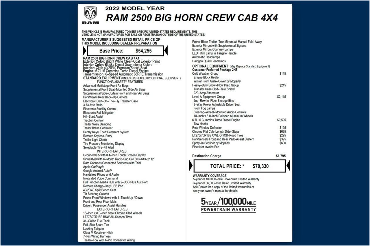 2022 Ram 2500 Big Horn 4X4 / 6.7L Diesel / Level A Equipment High Point NC