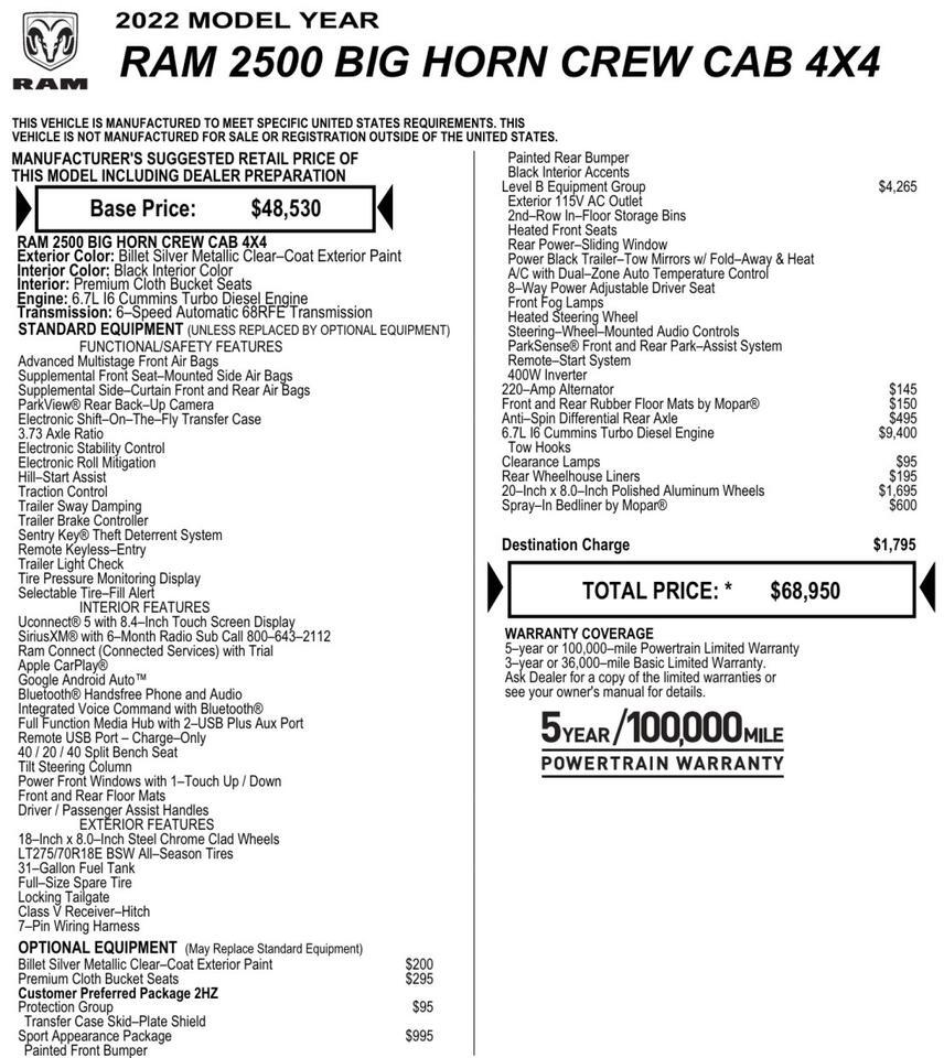 2022 Ram 2500 Big Horn 4X4 / 6.7L Turbo Diesel / Level B Equipment! Lincolnton NC
