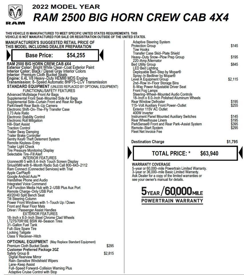 2022 Ram 2500 Big Horn 4X4 / Level A Equipment / Upgrades / 6.4L V8! High Point NC