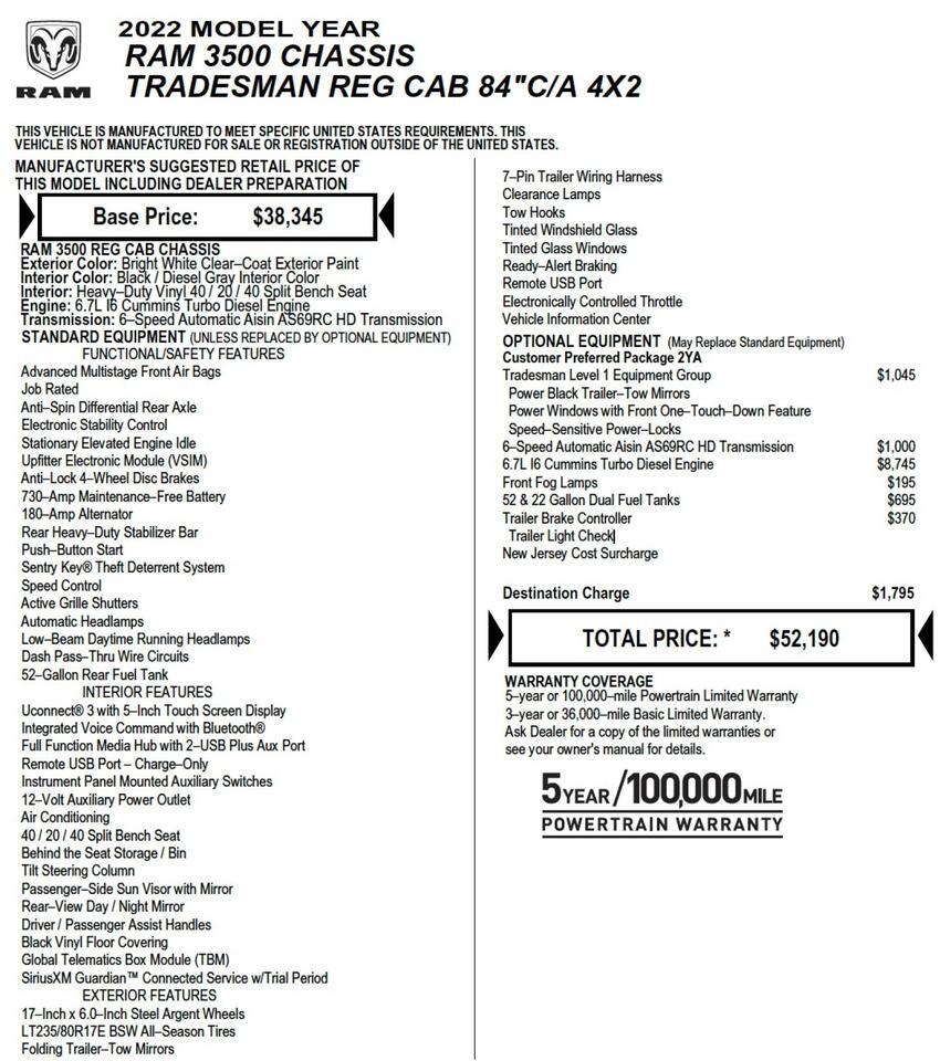 2022 Ram 3500 Chassis Cab Tradesman / AISIN / Turbo Diesel / Level 1 Equipment! Lincolnton NC