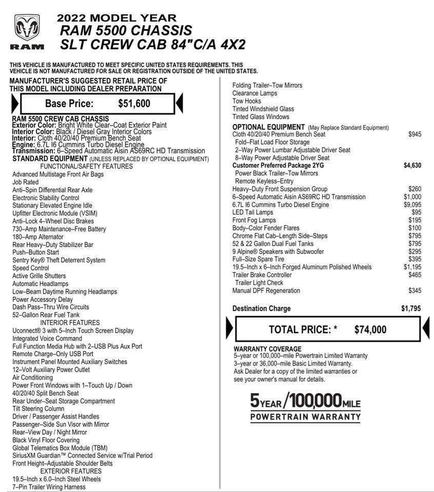 2022 Ram 5500 Chassis Cab SLT / Aisin / 6.7L Cummins Turbo Diesel! Lincolnton NC