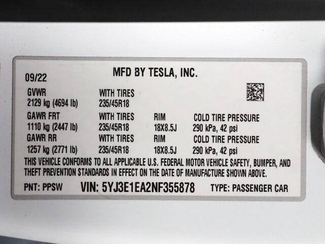 2022 Tesla Model 3 *AUTOPILOT, NAVIGATION, SAFETY ALERTS, ADAPTIVE CRUISE, SURROUND VIEW CAMERAS, PANORAMA GLASS ROOF, HEATED SEATS/STEERING WHEEL,18 INCH WHEELS, BLUETOOTH, WIRELESS CHARGING Round Rock TX