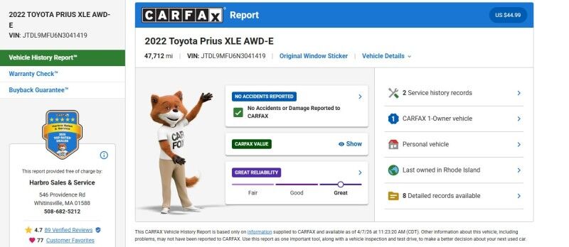 2022 Toyota Prius XLE - 1-OWNER - ADVANCED TECHNOLOGY PACKAGE Webster MA