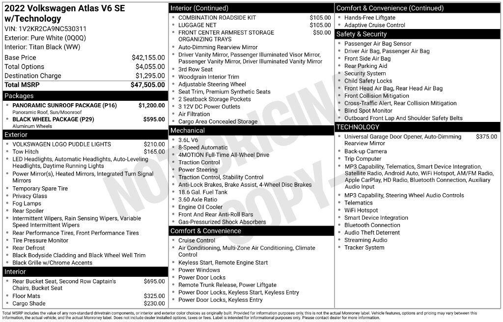 2022 Volkswagen Atlas 3.6L V6 SE w/Technology OR