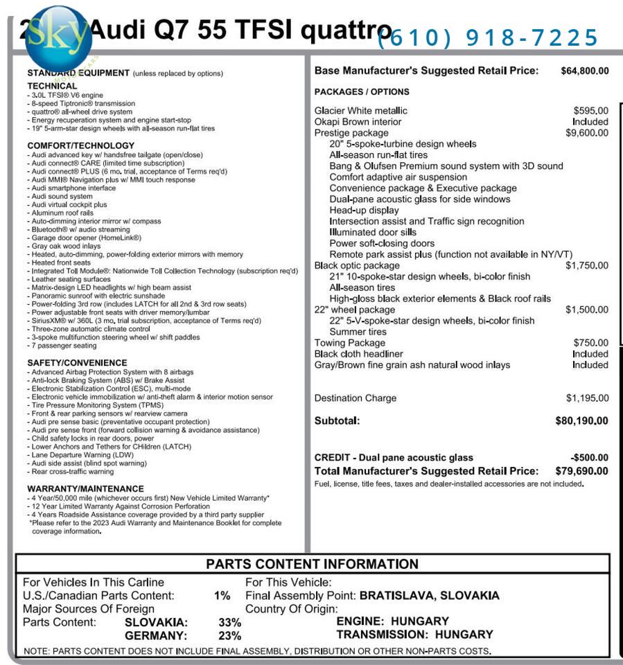 2023 Audi Q7 Quattro AWD Prestige 7-PASSENGER 1 Owner