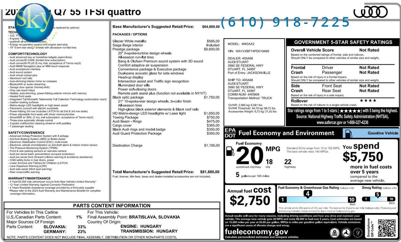 2023 Audi Q7 Quattro AWD Prestige 7-PASSENGER West Chester PA