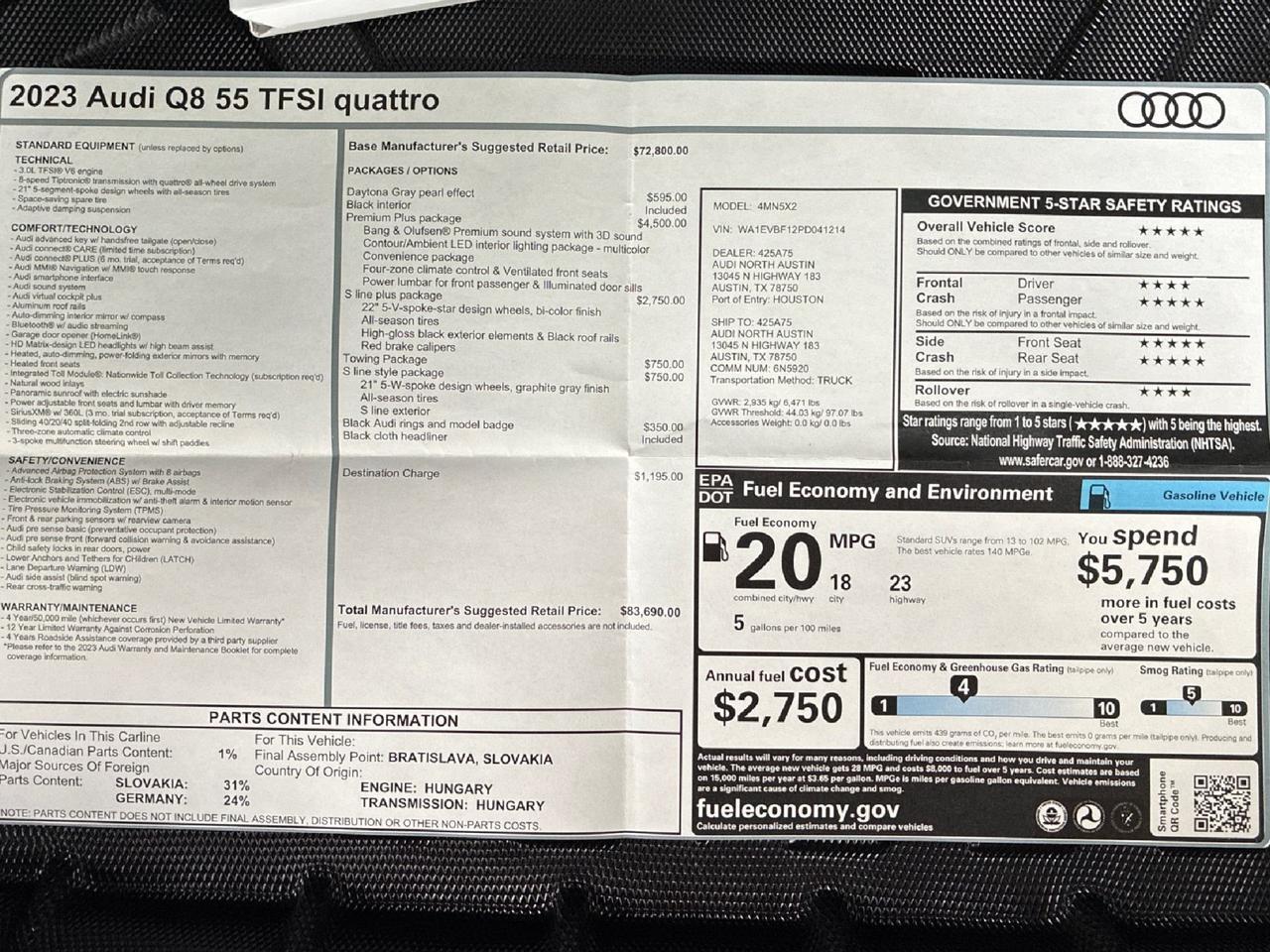 2023 Audi Q8 Premium Plus, S-line Plus Pkg, S-Line Style Pkg, Tow Pkg Houston TX