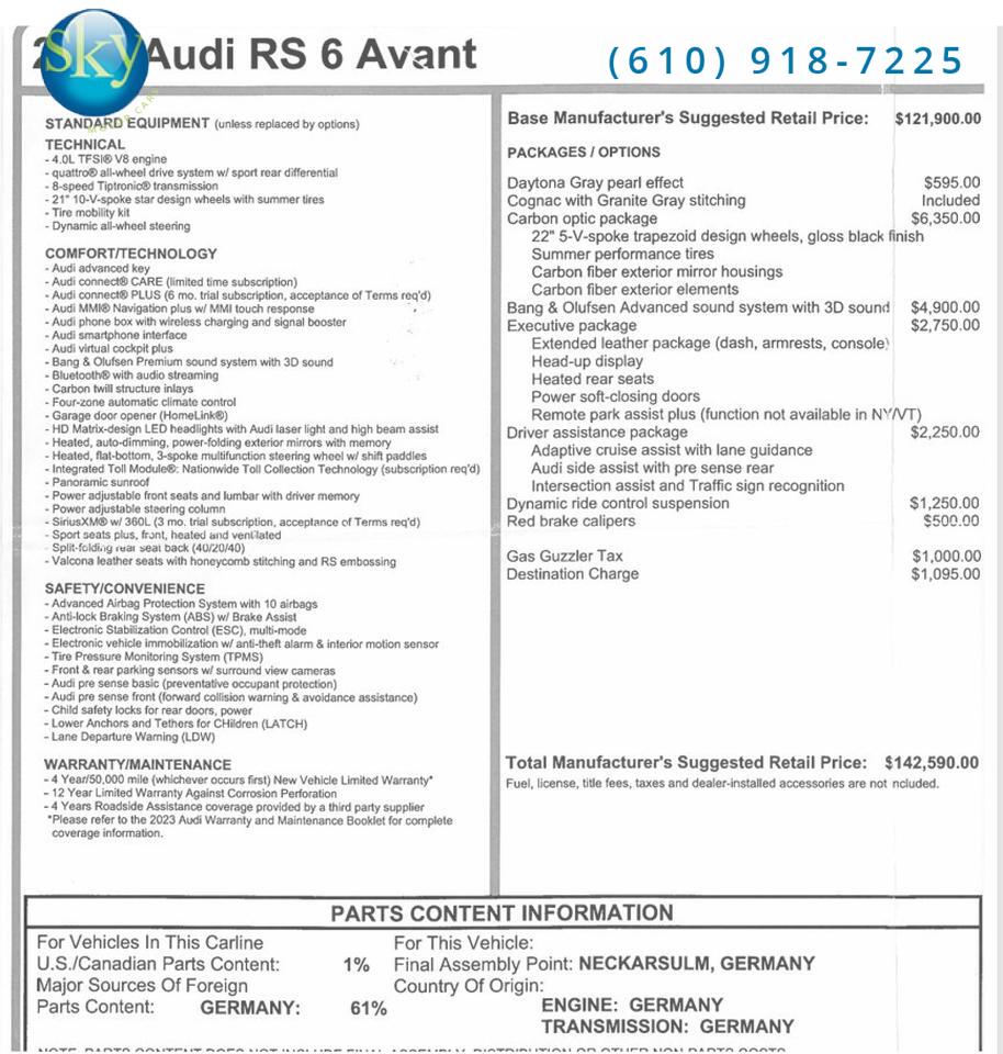 2023 Audi RS 6 Avant Quattra AWD $142,590 MSRP + Carbon Ceramic Brakes + PPF