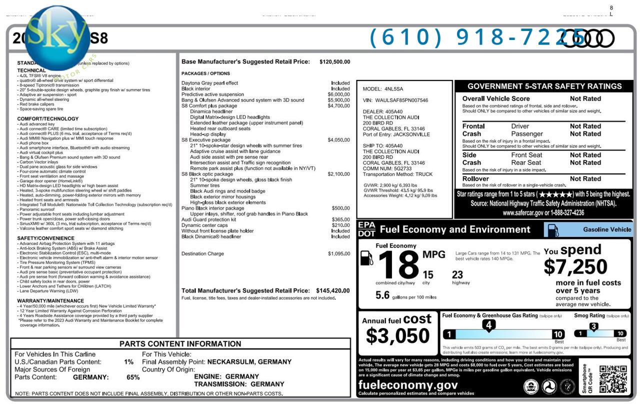 2023 Audi S8 Quattro AWD $145,420 MSRP West Chester PA