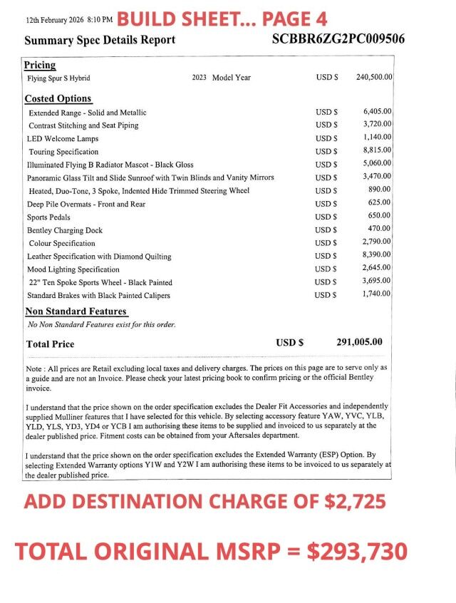 2023 Bentley Flying Spur S Hybrid ($293,730 MSRP!!) *$50,505 IN FACTORY OPTIONS* *ONLY 5400 MILES* *ICE ON HOTSPUR RED* *SAVE $104,000 OFF NEW* San Diego CA