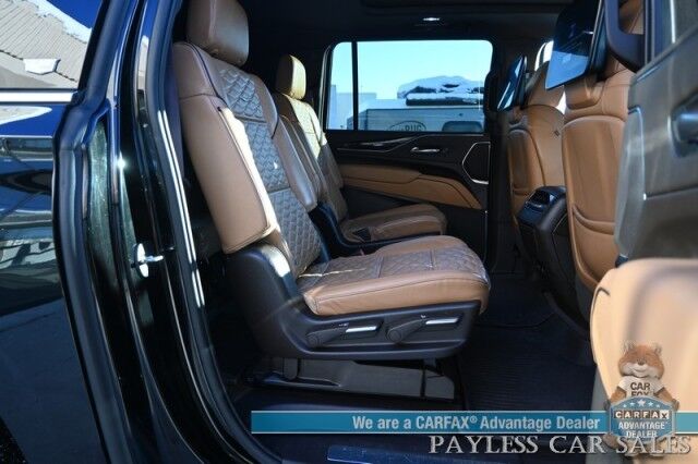 2023 Cadillac Escalade ESV Premium Luxury / 4X4 / Auto Start / Heated & Cooled Leather Seats / Heated Steering / Sunroof / NAV / HUD / Rear DVD / Super Cruise / Lane Depart & Blind Spot / Rear Captain Chairs / 3rd Row / Seats 7 / Tow Pkg / 1-Owner Anchorage AK