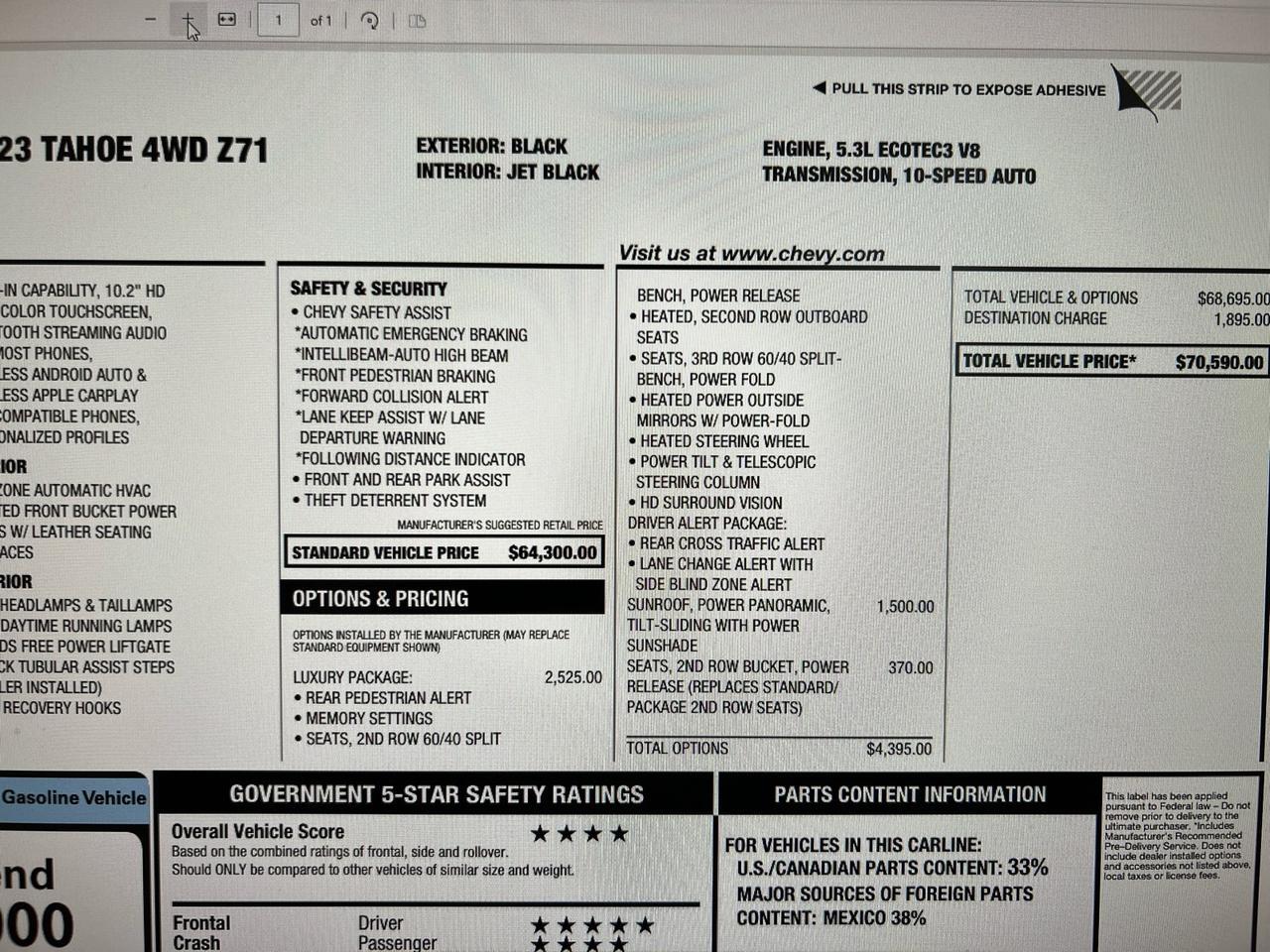 2023 Chevrolet Tahoe Z71, Luxury Pkg, Pano Roof, Buckets Houston TX