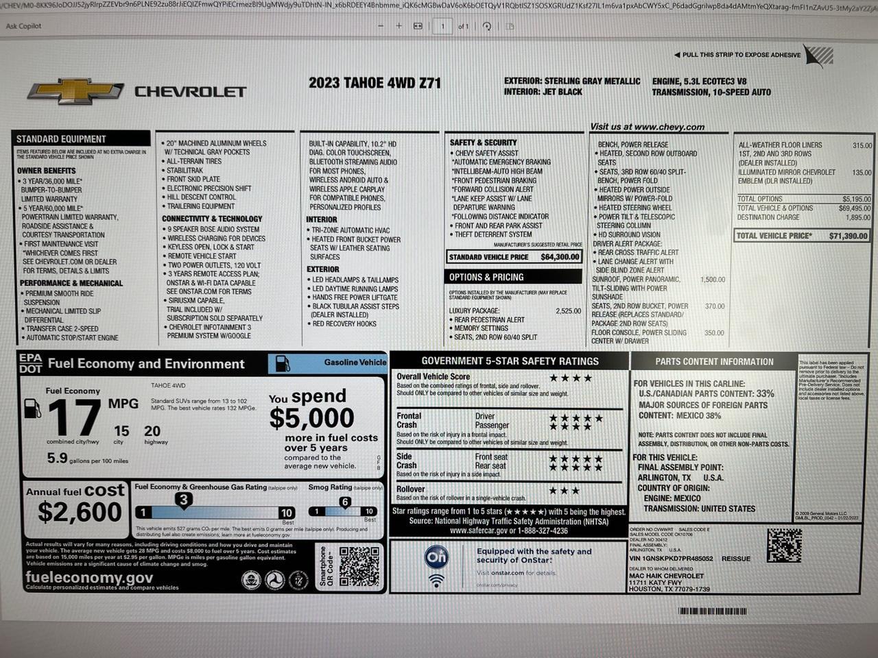 2023 Chevrolet Tahoe Z71, Luxury Pkg, Pano Roof, Buckets, Power Center Console Houston TX