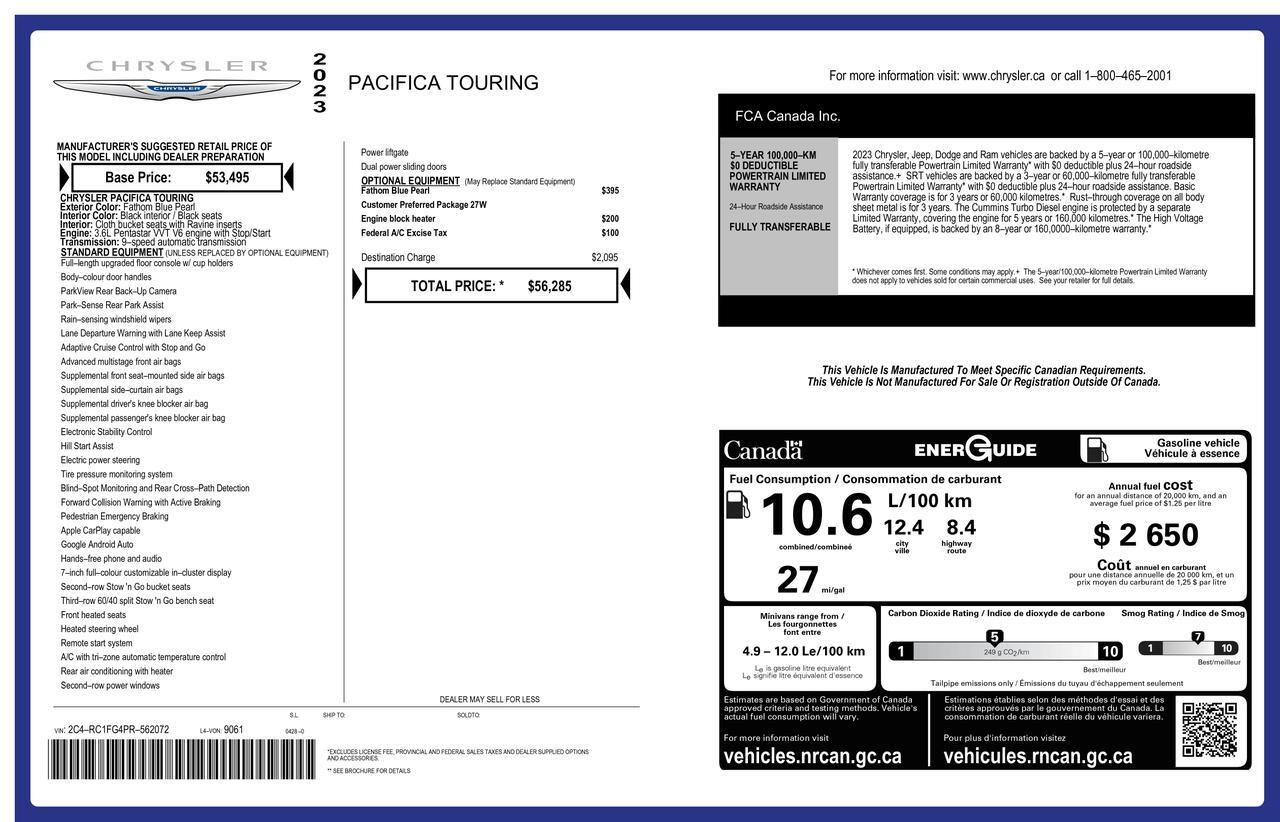 2023 Chrysler Pacifica Touring Power Doors BCam Red Deer AB