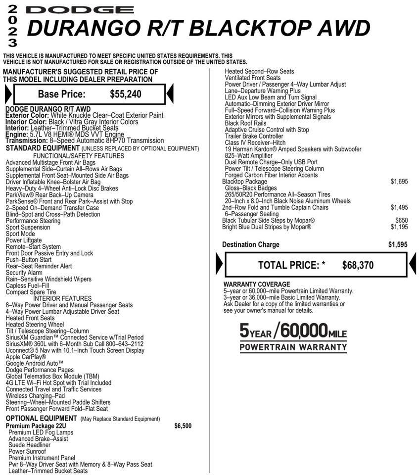 2023 Dodge Durango R/T Premium AWD / Blacktop PKG / Captain Chairs! Lincolnton NC