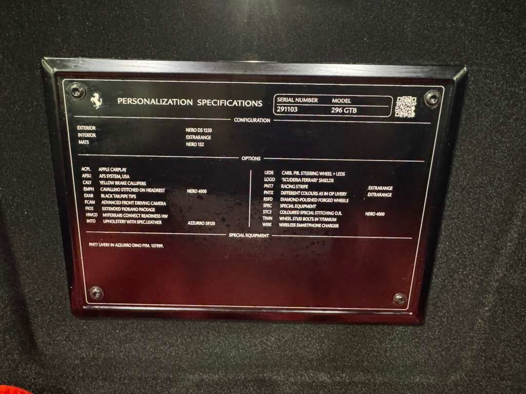 2023 Ferrari 296 GTB Nero B/B paint, Livrea Azzurro Dino, Extra-Range Azzurro interior, carbon galore AND MORE!!! Fort Lauderdale FL