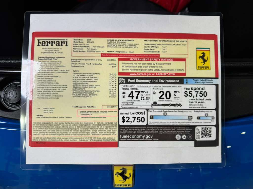 2023 Ferrari 296 GTB Nero B/B paint, Livrea Azzurro Dino, Extra-Range Azzurro interior, carbon galore AND MORE!!! Fort Lauderdale FL