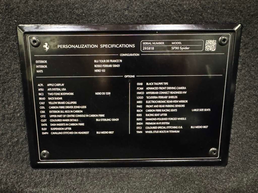 2023 Ferrari SF90 Spider Blu Tour De France paint, carbon racing seats, suspension lifter, JBL audio AND MUCH MORE!! Fort Lauderdale FL