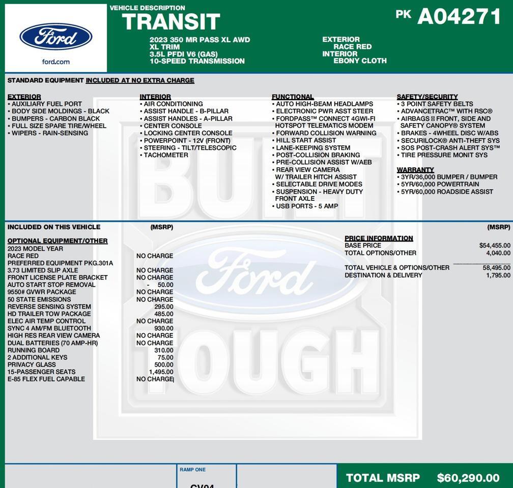 2023 Ford Transit 350 XL / AWD / 15 Passenger Wagon / Privacy Glass! Lincolnton NC