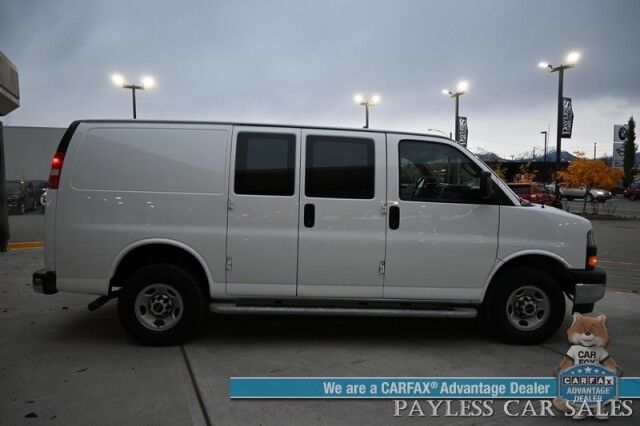 2023 GMC Savana Cargo Van 2500 / Chrome Appearance & Cold Climate Pkg / 4.3L V6 / Driver Convenience Pkg / Bulkhead / Power Locks, Windows & Mirrors / Aux Input / Air Conditioning / Cruise Control / Running Boards / 1-Owner Wasilla AK