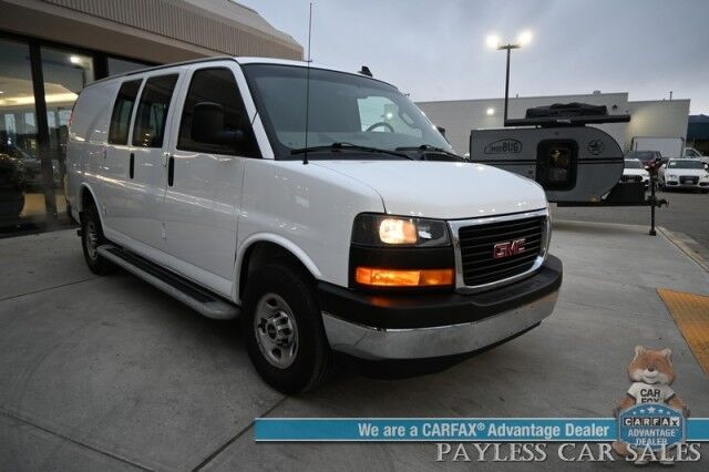 2023 GMC Savana Cargo Van 2500 / Chrome Appearance & Cold Climate Pkg / 4.3L V6 / Driver Convenience Pkg / Bulkhead / Power Locks, Windows & Mirrors / Aux Input / Air Conditioning / Cruise Control / Running Boards / 1-Owner Wasilla AK