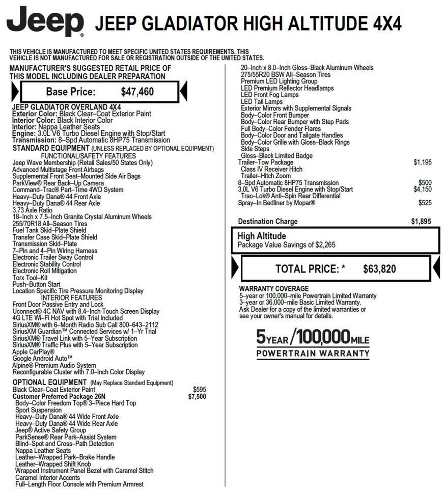 2023 Jeep Gladiator High Altitude 4X4 / Turbo Diesel / Nappa Leather! High Point NC