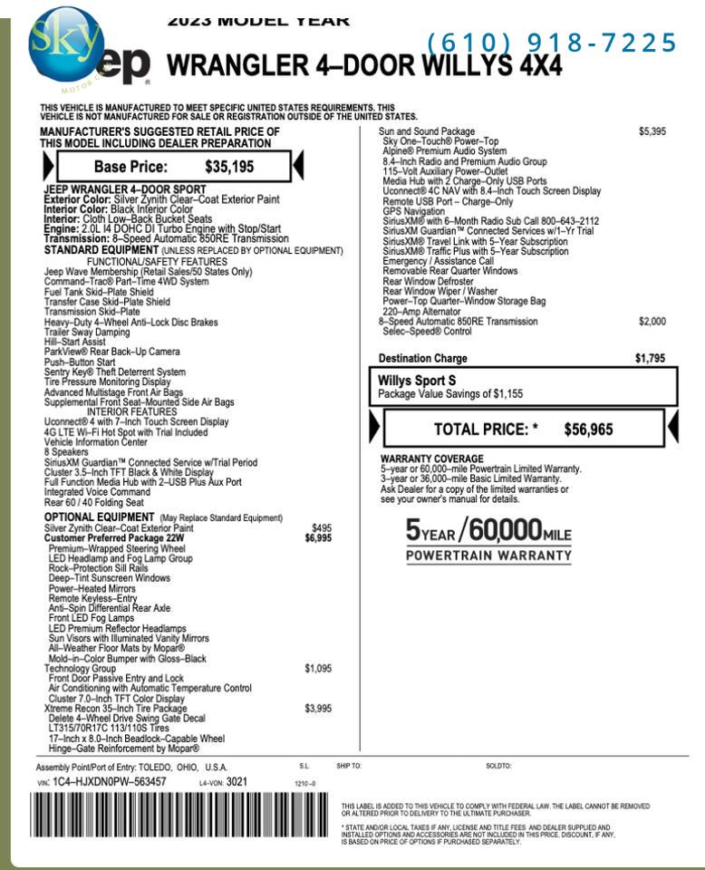 2023 Jeep Wrangler 4 Door 4WD Willys Xtreme Recon Sky One-Touch Power Top