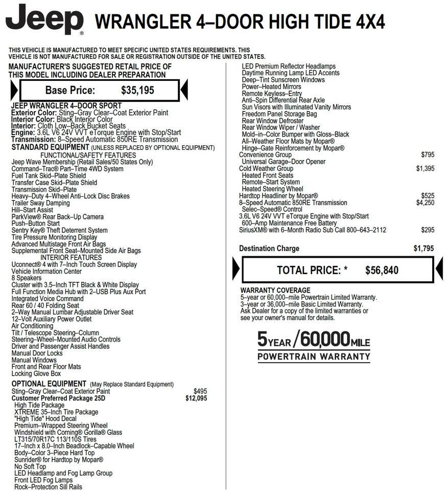 2023 Jeep Wrangler High Tide 4X4 / Cold Weather Group / XTREME Tire PKG! Lincolnton NC